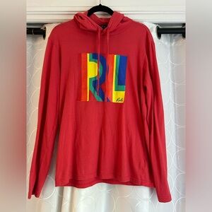 Polo Ralph Lauren ~ T Shirt Hoodie ~ Red ~ Box Logo Graphic  ~ Mens Size Small
